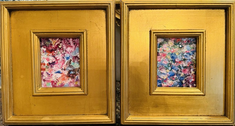 KADLIC Abstract Impasto PAIR Original Oil Painting Gold Gilt Frame Fine Art