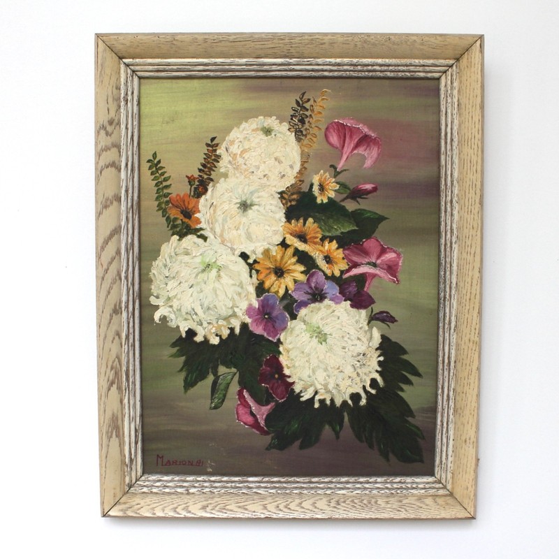 Vintage Signed Oil Painting White Flowers Floral Wood Framed Cottage Chic Floral