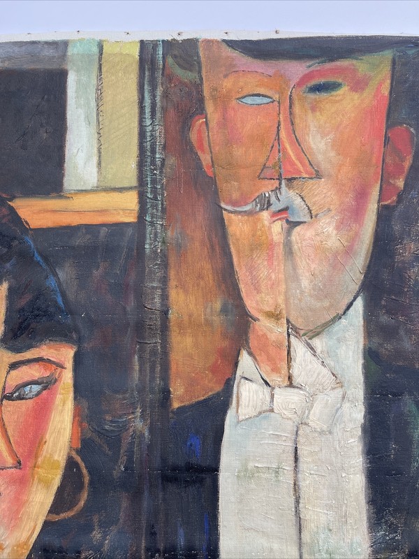 MID CENTURY PAINTING PORTRAIT BRIDE GROOM AFTER MODIGLIANI OLD MOVIE PROP RARE gallery