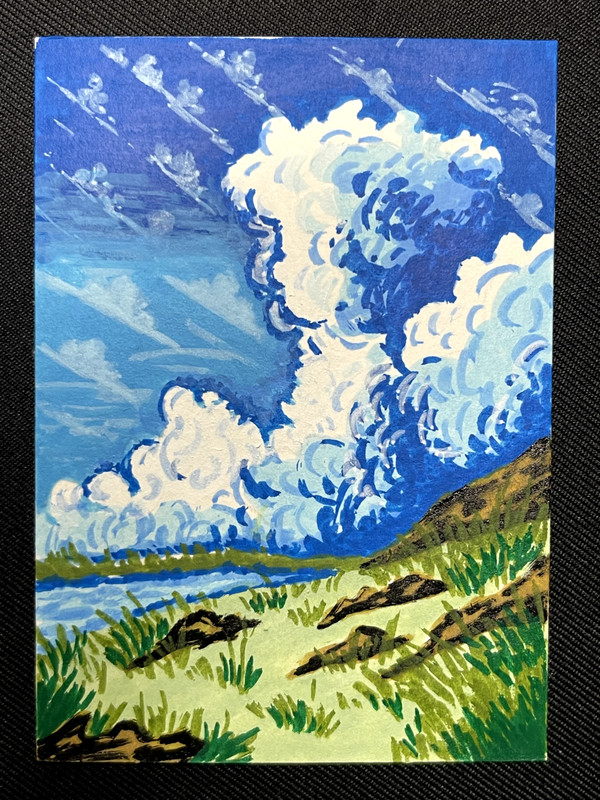ACEO Original, Abstract Clouds Sky Lake Hill, Mini Art Painting, by Annibbie