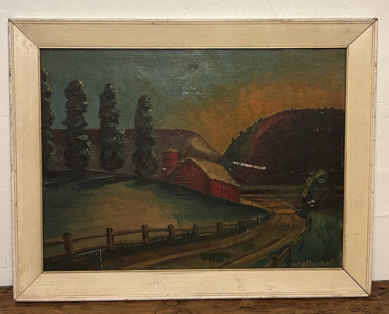 1950s Original Michael J. Gallagher Oil Painting WPA Red Barn Landscape