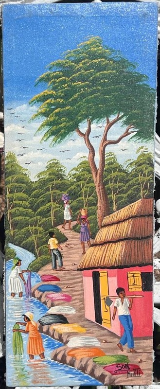 Haitian Art Naive Folk Haiti Landscape Painting People House Trees Artist Signed