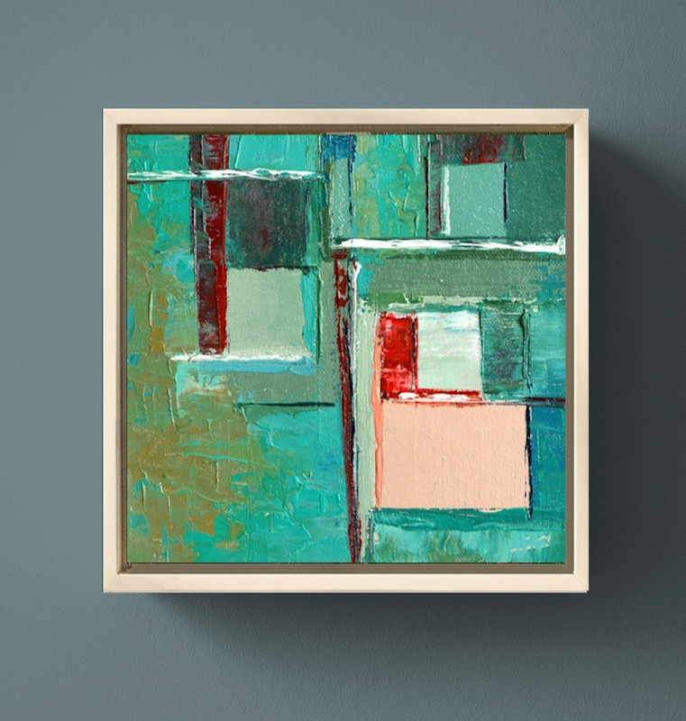 «Urban Pulse» Pink Teal Abstract Oil Painting Framed, Modern Minimalist Wall Art