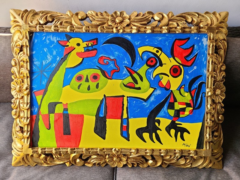 JOAN MIRO OIL ON CANVAS FRAMED PAINTING MEASURES WITH FRAMED 75cm X 55cm
