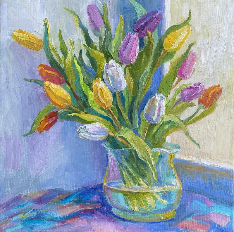 Oil painting, spring bouquet at the window, 30-30 cm, oil on canvas, unique