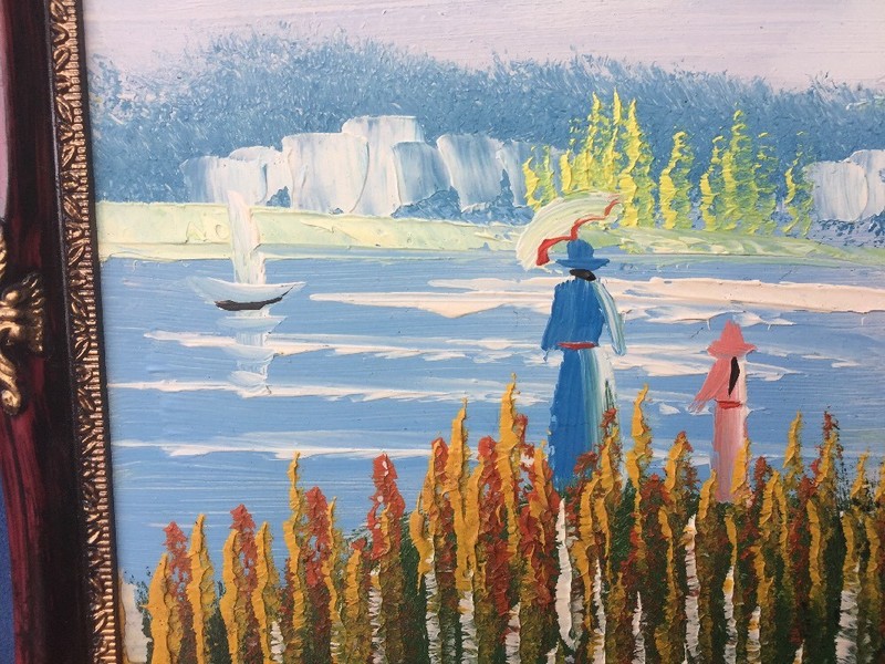 Framed OIL PAINTING Martha's Vineyard Cape Cod Sunset Lake Woman Girl Boat ❤️J8 gallery