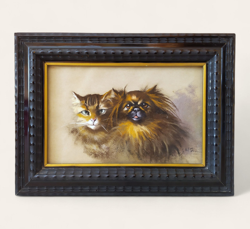 Portrait of a Cat and Pekingese Dog, Art Déco Italian Pastel Painting Signed