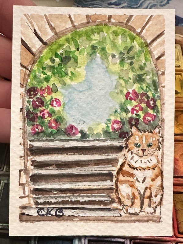 ACEO Original Watercolor Ginger Cat On Stairway W/ Flowers Signed 2.5 X3.5