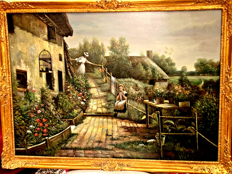 VTG Mid-20th C British School Original Large O/C Garden Landscape With Figures!