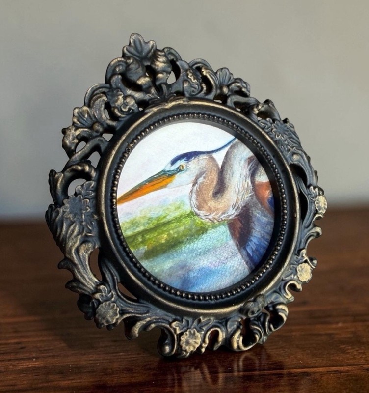 Blue Heron mini watercolor bird print of original painting • ornate frame gallery