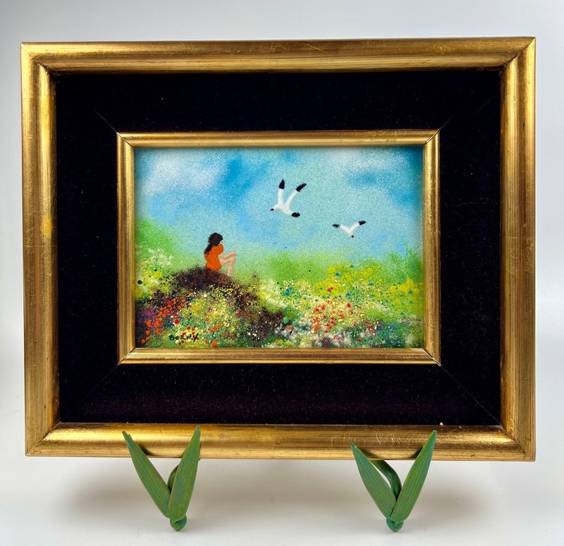 Framed signed original enamel on copper painting Wood velvet Gallery Wall art