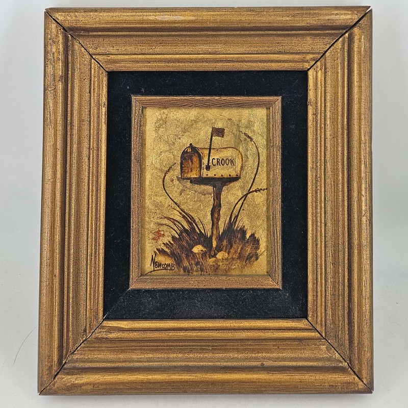 Vintage gold country road mailbox signed painting framed
