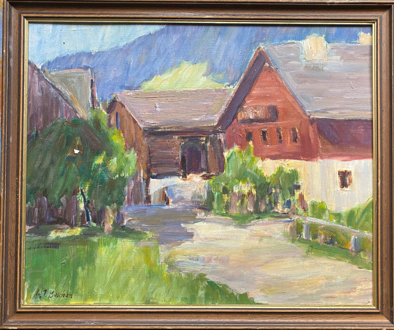Oil painting Walter Josef Boschan (1911-1984) Sign. Alpendorf with mountain huts