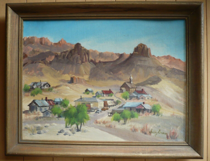 SALLY GREEN, YUCCA VALLEY CA ARTIST, OATMAN ARIZONA DESERT CITYSCAPE VINTAGE OIL