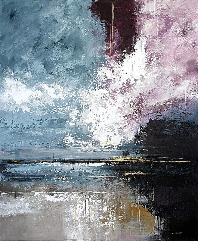 Large Abstract Seascape Painting Blue Purple Gold Textured Canvas Wall Art 30×35