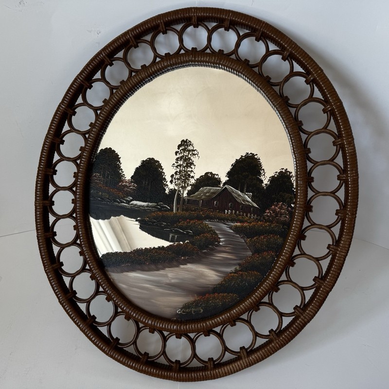 Faux Rattan Oval Frame Autumn Scene Forest Original Painted on Mirror G.Clemons