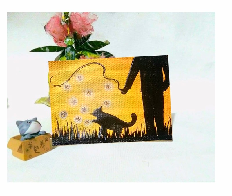 Hand Painted Mini Canvas Art Mental Health & Addiction Awareness Cat & Fireflies