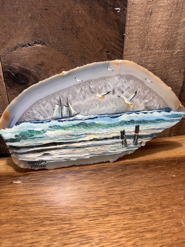 Hand Painted Agate Slice Seascape Sailboat Art Signed Mary Eliz Brown 9.5”