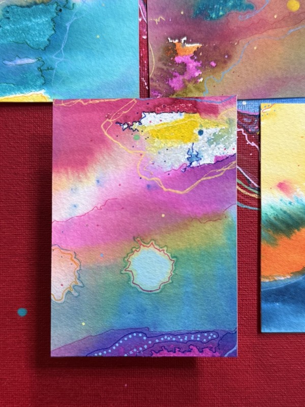 ACEO Original Abstract Watercolor Painting 13/15 “Cosmic Colors”