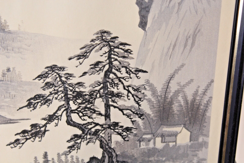 Chinese Drawing Village Mountains Water Boat Trees Signed Red Stamps Framed gallery