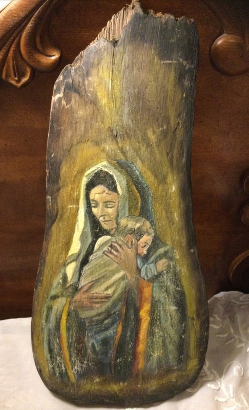 Vintage Hand Painted Acrylic On Driftwood-Madonna W/Child, Wall Decor