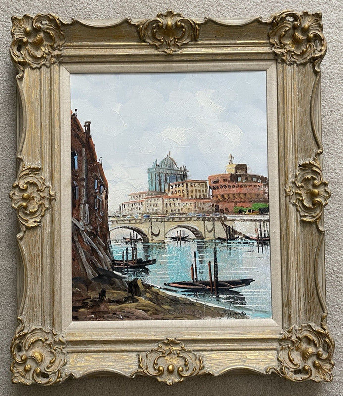 Vintage Venice Italy Cityscape River Canal Signed Oil Painting 28×24 Ornate Fram