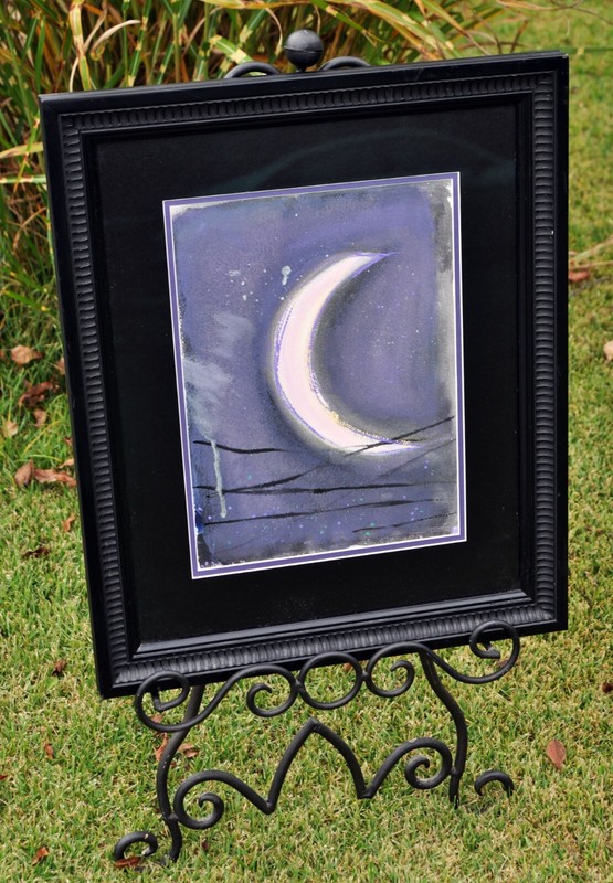 Original Artwork Painting Crescent Moon Violet Black Wood Framed 23.5″ x 18.5″