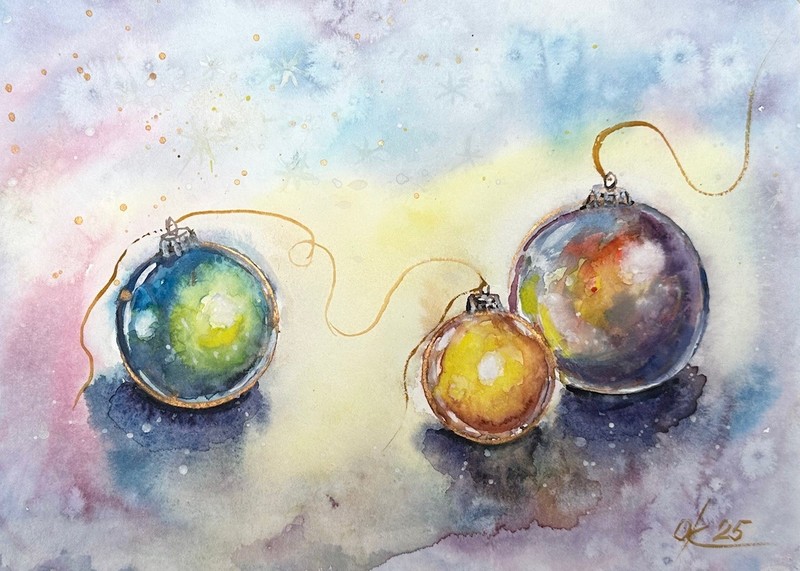 Watercolor Christmas Ornaments, Red yellow Green Baubles, Festive Winter Holiday