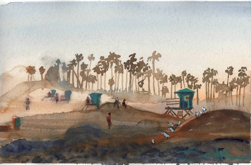 Lifeguard Shacks : SandraWatercolors™ California : ORIGINAL WATERCOLOR PAINTING
