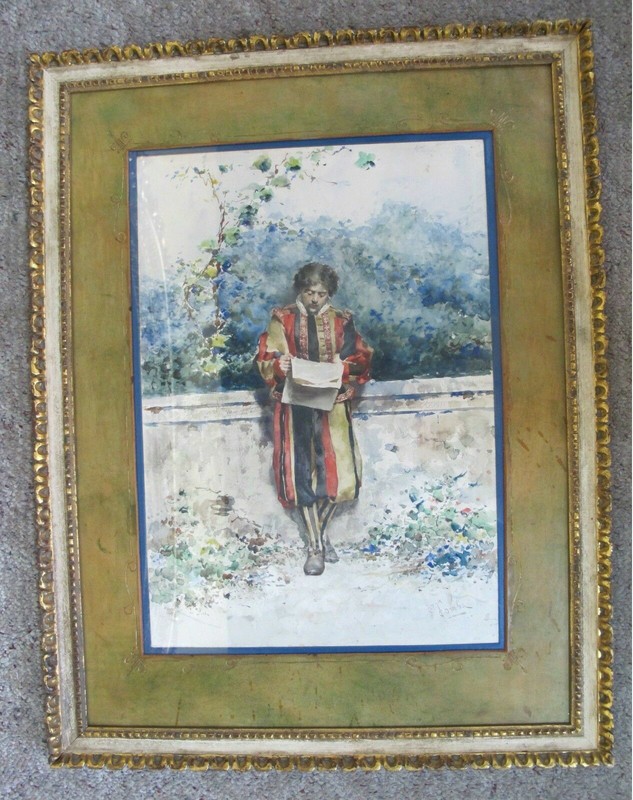 CASIMIRO TOMBA 1857-1929 Framed Watercolor Painting MAN Reading NEWSPAPER