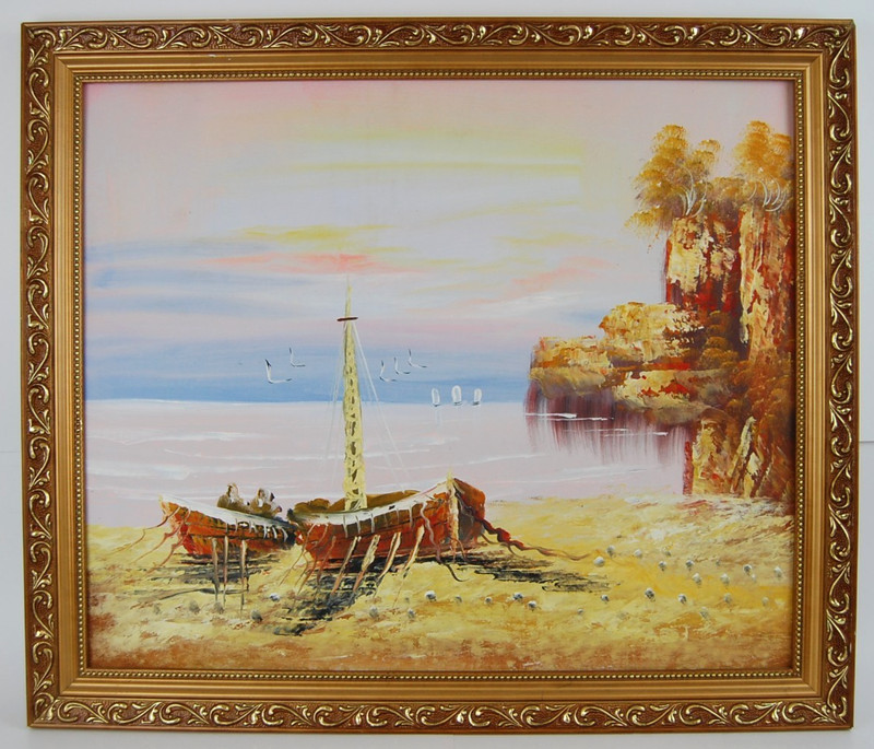 Vtg 80’s Framed Impressionist Oil Painting Boats on Beach Seascape Scene 24X20