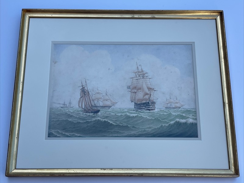 ANTIQUE PAINTING NAUTICAL SHIP SIGNED WITH MONOGRAM 19TH CENTURY MYSTERY SEA