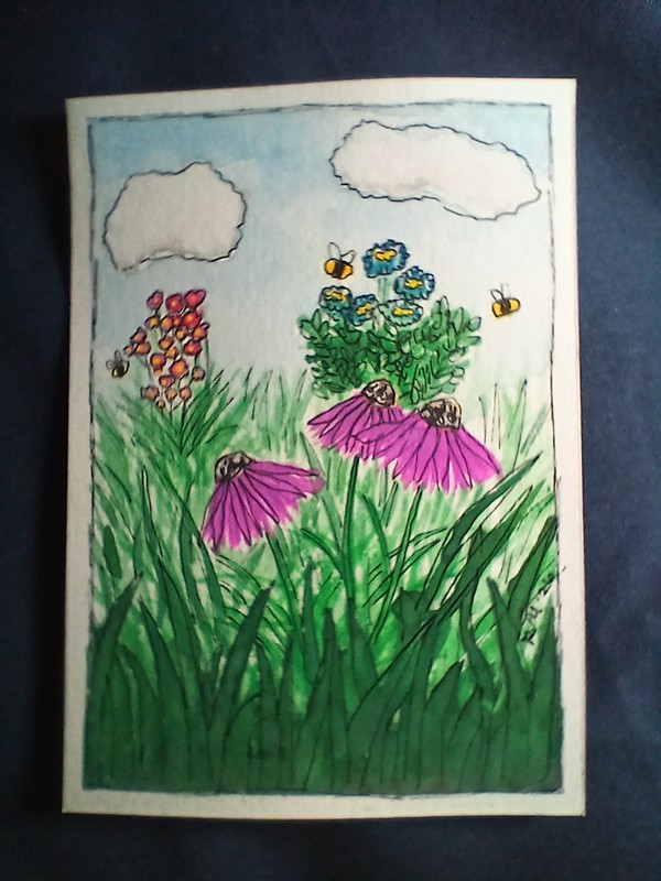 aceo Untended Garden art card original by Rumpled Unicorn Flowers Bee Watercolor