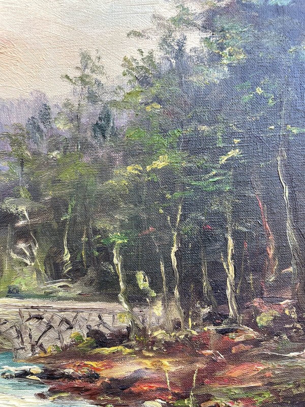 NATURALIST LANDSCAPE WITH RIVER BRIDGE BANK STONES TREES MOUNTAINS SKIES SWEDEN gallery