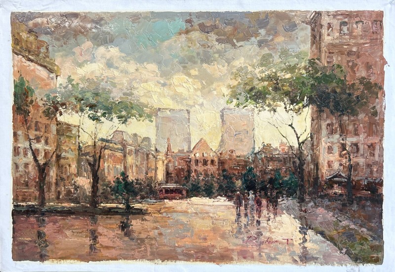 A Walk in the Town Landscape 36 x 24 Oil Painting on Canvas