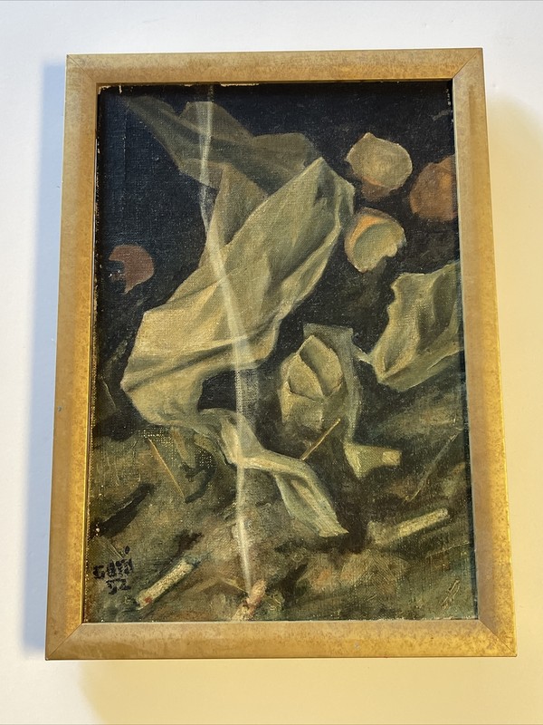 Mid Century Modern Painting Surrealism Modernism Still Life Cigarettes Eggs Old