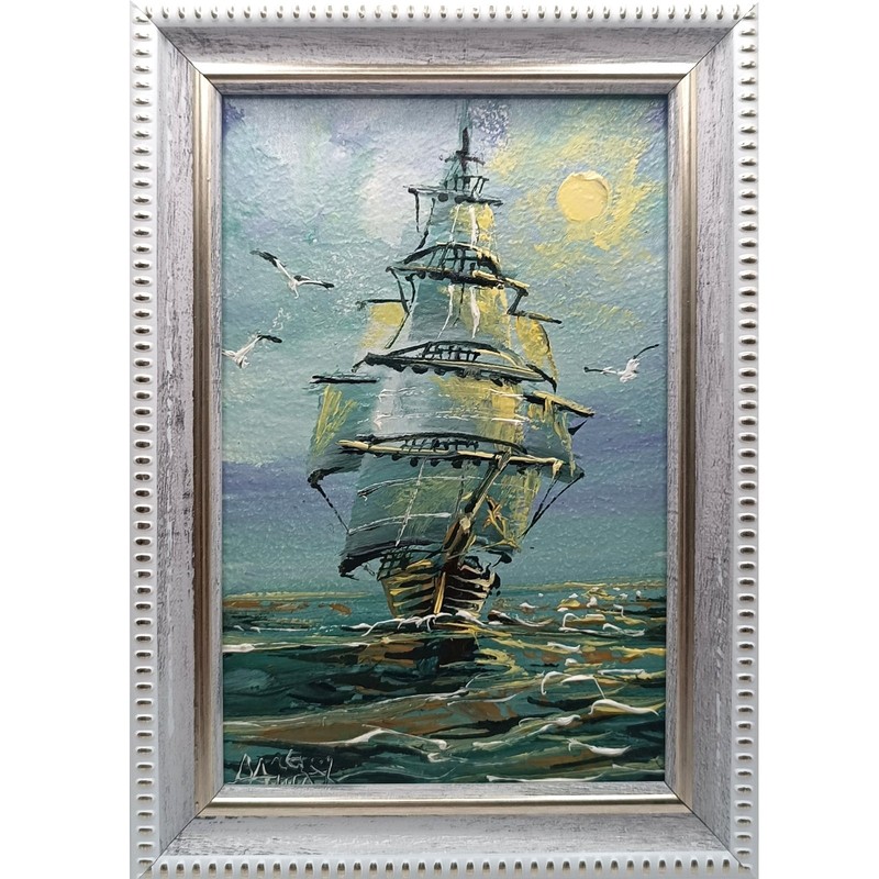 Original oil painting Ship Miniature Impressionism Small gifts Size 6×4