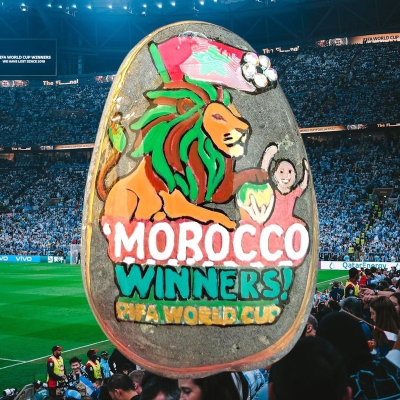 Morocco 2026 World Cup Champions Painted Rock Atlas Lion Soccer Fan Memorabilia
