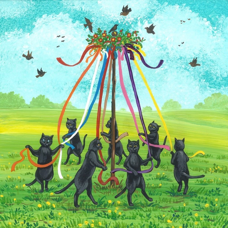 4×4 Print Of Painting Ryta Maypole Dance Black Cat Spring Celtic Pagan birds sun