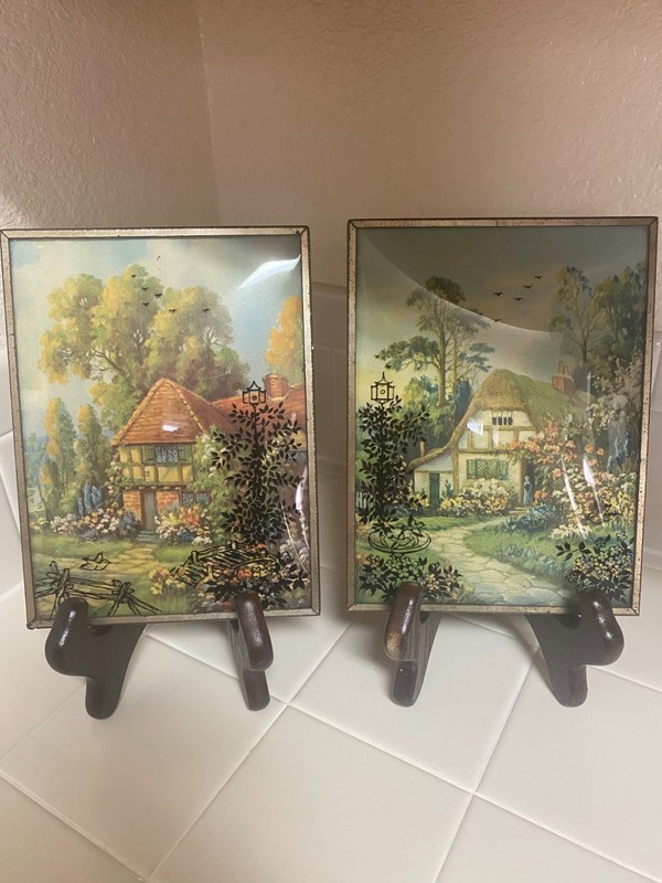 2 Vintage Silhouettes Domed Glass Reverse Painting Framed Cottage Scenes 6″x8″