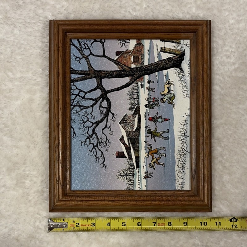 H. Hargrove Framed Serigraph Children Ice Skating Winter Barn Americana Signed gallery