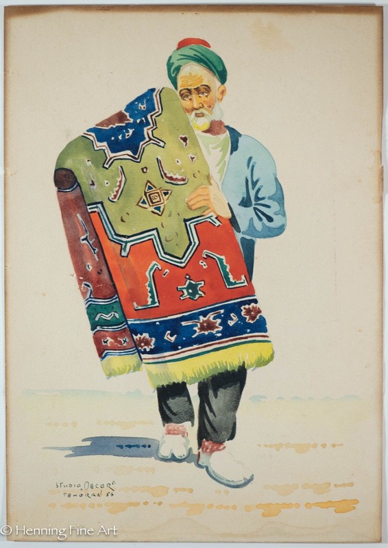 Beautiful Mid Century Studio Decor Watercolor Painting Tehran Rug Seller