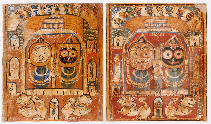Orissa Jagannath Paintings Polychrome Pair Set two Antique 19th C India