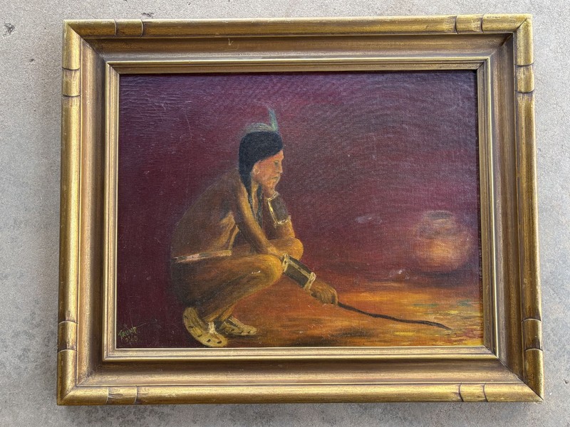Trump, Oil on Canvas «Native american Tending Fire», Signed Excellent