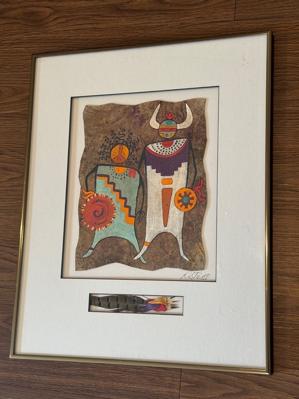 Deborah Stowell Signed Mixed Media Painting of Native American Figures