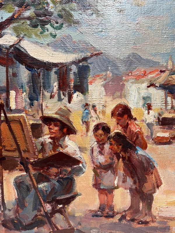 ANTONIO SERRANO IMPRESSIONIST VILLAGE TOWN FIGURES VINTAGE SPAIN OIL PAINTING gallery