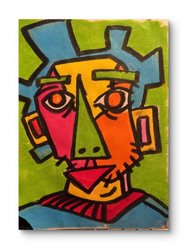 Mixed Media Colorful Cubism Man with Locs Original Artwork Heavy weight Paper