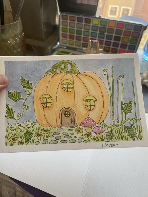 OOAK Pumpkin Cottage House Floral Garden Watercolor Painting Signed Unframed gallery