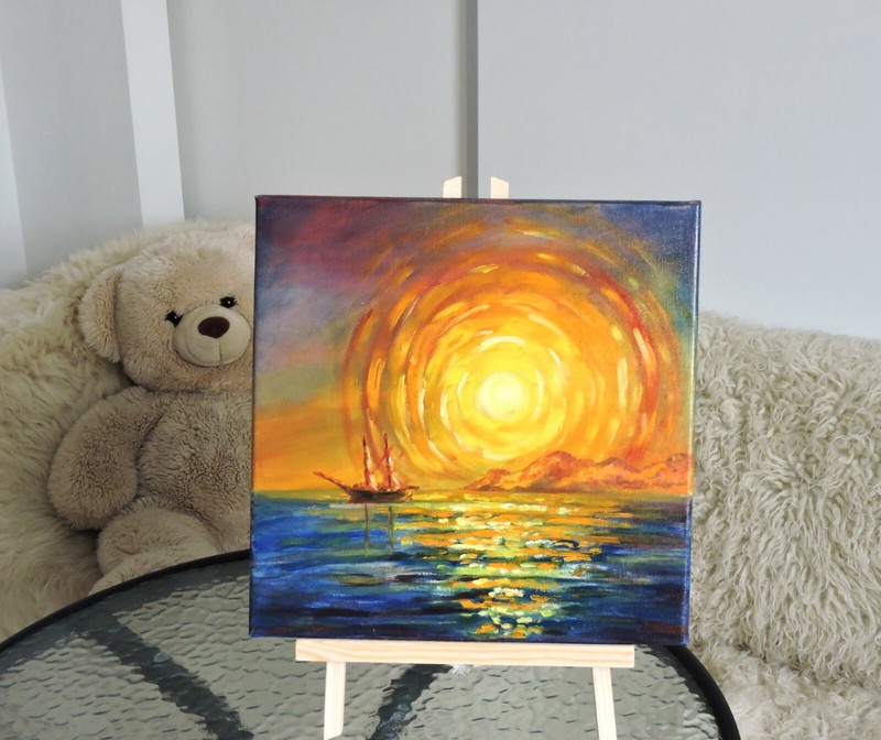 Original small oil painting Sunset at the Sea, ancient sailing ship, sea, sun, gallery