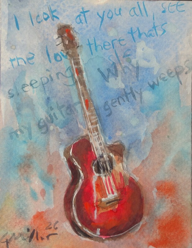 GERRY MILLER original drawing «GUITAR» watercolour on paper.11x14cm
